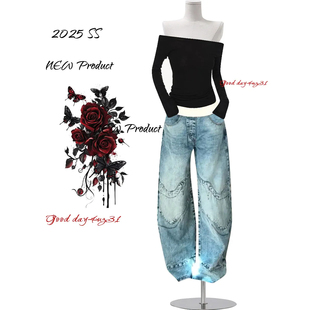 美式 街头螺纹腰头拼接设计阔腿裤 复古水洗牛仔裤 新款 女秋冬季 大码