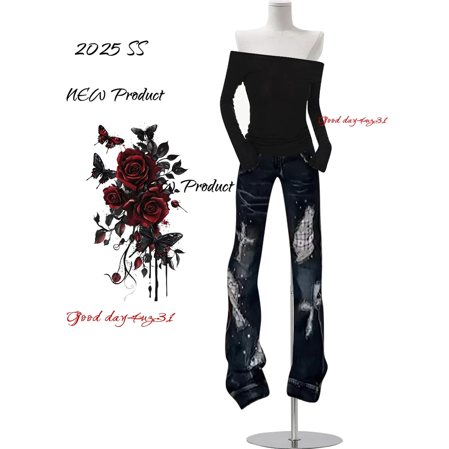 大码美式复古做旧格子牛仔裤