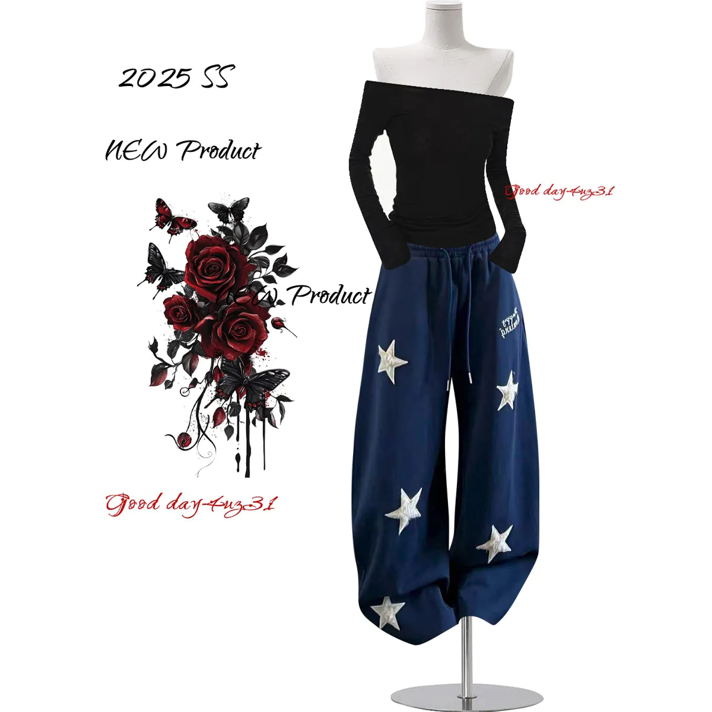 大码美式复古星星刺绣阔腿裤