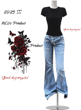 大码美式复古多纽扣微喇牛仔裤女春夏季新款街头铆钉设计喇叭长裤