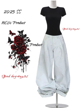 大码美式复古褶皱设计感牛仔裤女2026新款街头百搭高腰阔腿弯刀裤