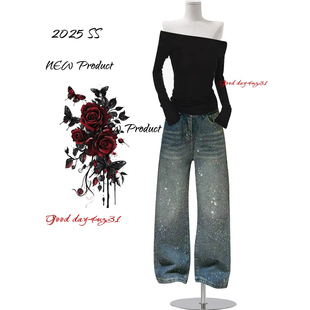 美式 街头设计感百搭阔腿裤 复古满天星烫钻牛仔裤 新款 女秋冬季 大码