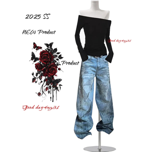 美式 街头脏染宽松拖地长裤 复古烫钻设计感牛仔裤 新款 女秋冬季 大码