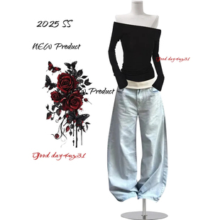 美式 街头宽松显瘦弯刀裤 复古针织腰头拼接牛仔裤 新款 女秋冬季 大码