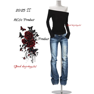 美式 街头低腰设计感长裤 复古字母刺绣微喇牛仔裤 新款 女秋冬季 大码