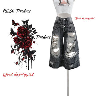 美式 宽松直筒阔腿中裤 复古双腰头破洞牛仔七分裤 新款 潮 女夏季 大码