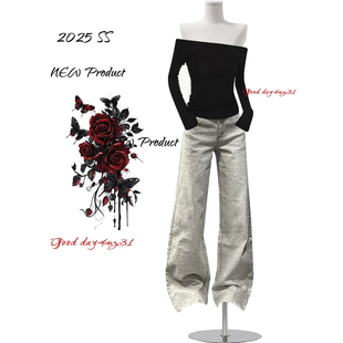 美式 街头显瘦阔腿长裤 复古水洗烫钻设计感牛仔裤 新款 女秋冬季 大码