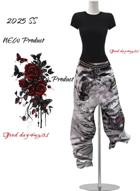 大码美式复古3D数码印花牛仔裤女夏季新款高街设计感宽松阔腿长裤