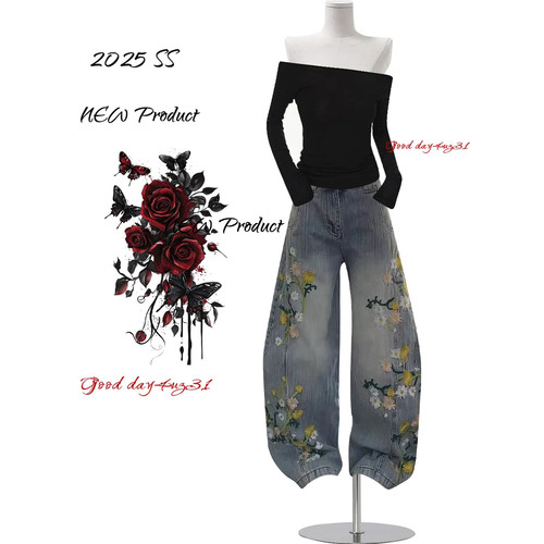 大码美式复古花卉刺绣牛仔裤