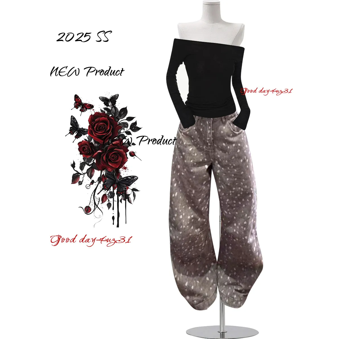 大码美式复古鹿纹牛仔裤