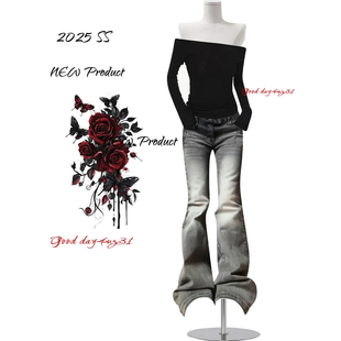 美式 街头铆钉刺绣设计喇叭裤 复古做旧微喇牛仔裤 新款 女秋冬季 大码