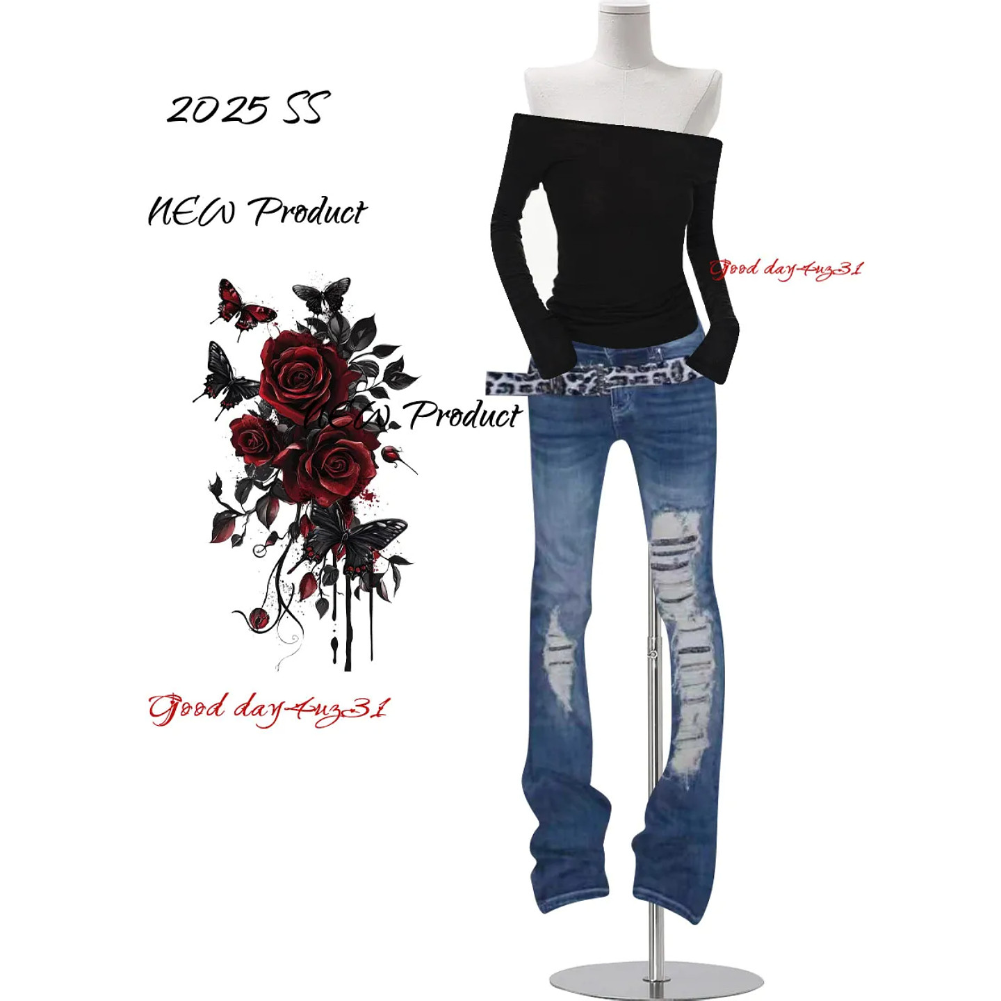 大码美式复古磨破微喇牛仔裤