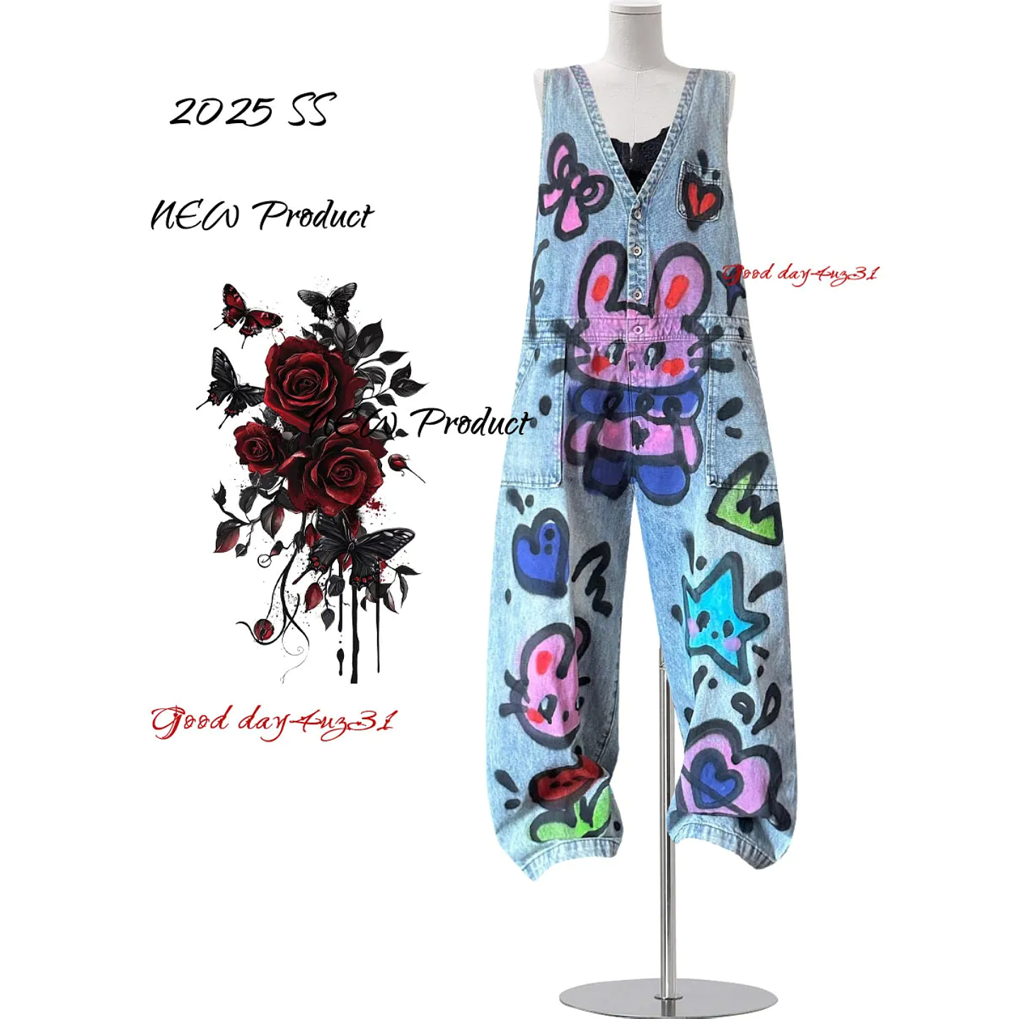 大码美式复古涂鸦设计背带牛仔裤