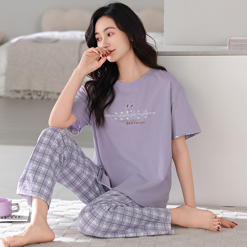 睡衣女夏季短袖长裤纯棉女士妇女中年妈妈薄款半袖休闲家居服套装