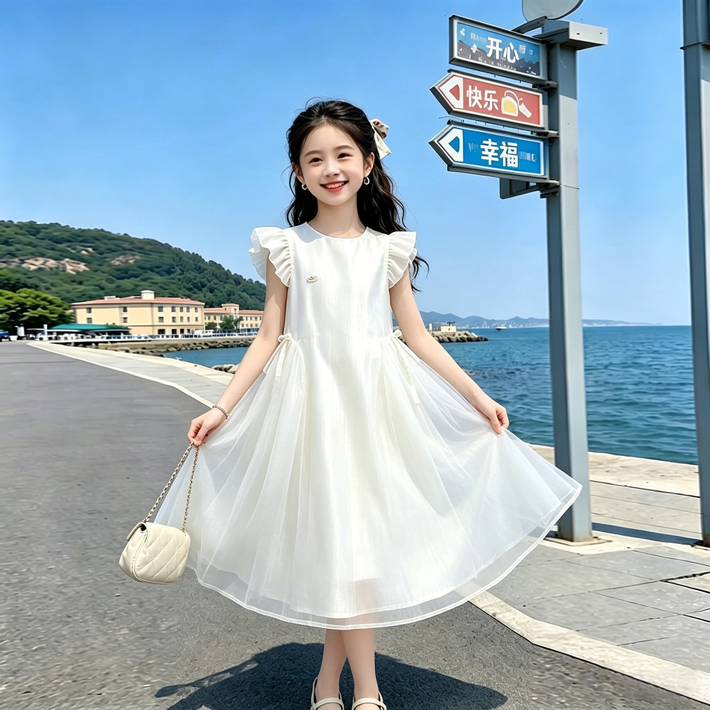 女童2026新款夏装洋气韩版休闲甜美礼服蓬蓬公主蝴蝶结飞袖连衣裙