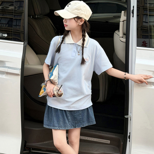 女童夏季短袖POLO衫T恤套装2026新款女大童夏装牛仔裙短裙两件套