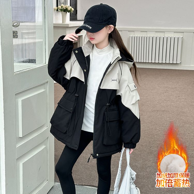 女童秋冬洋气时髦拼色加厚冲锋衣