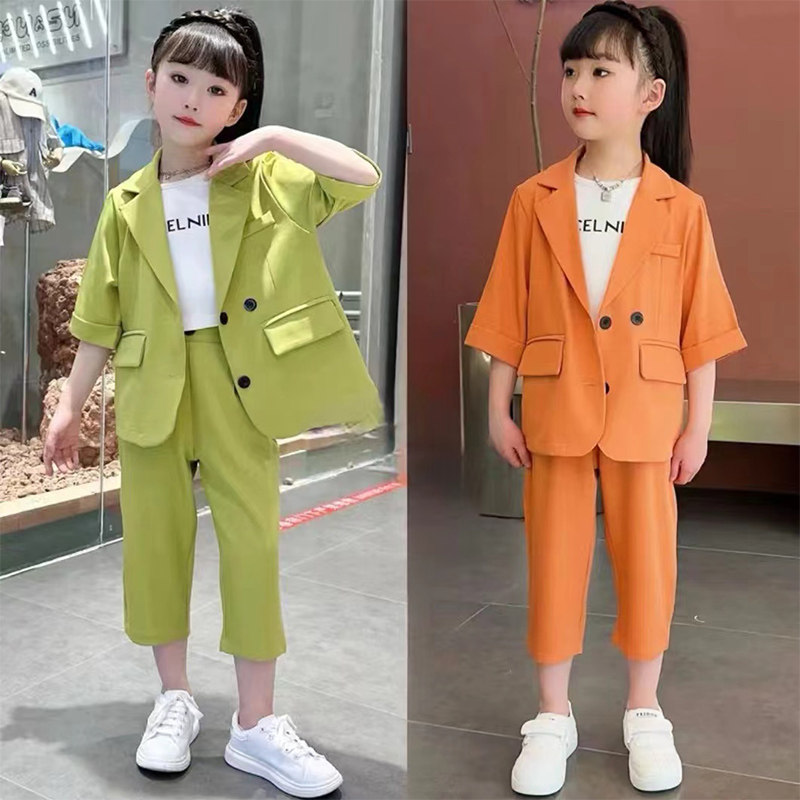 女童夏款小西装短袖短裤三件套图片