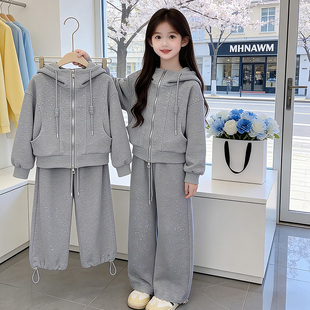 女童套装春装2026新款烫钻洋气儿童开衫连帽卫衣中大童春秋两件套