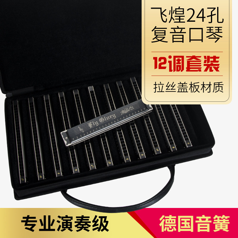 德国进口音簧飞煌24孔复音口琴7/12调初学者成人高级专业演奏套装