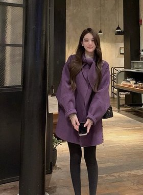 黄一粒 NORA STUDIO 蝴蝶结领紫色山羊绒双面呢大衣毛呢外套