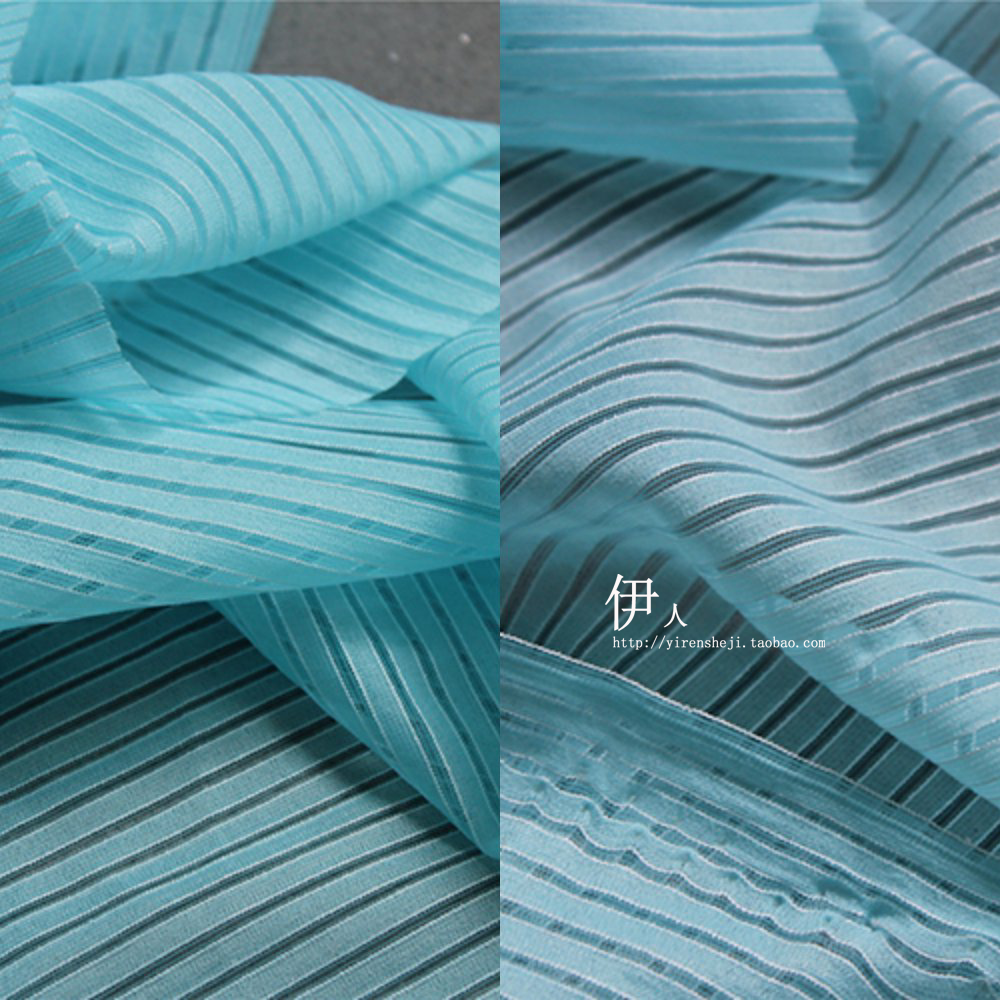 原创款小清新色 设计师纱布纹理网射线料 面料衬衫阔腿裤碧蓝条纹