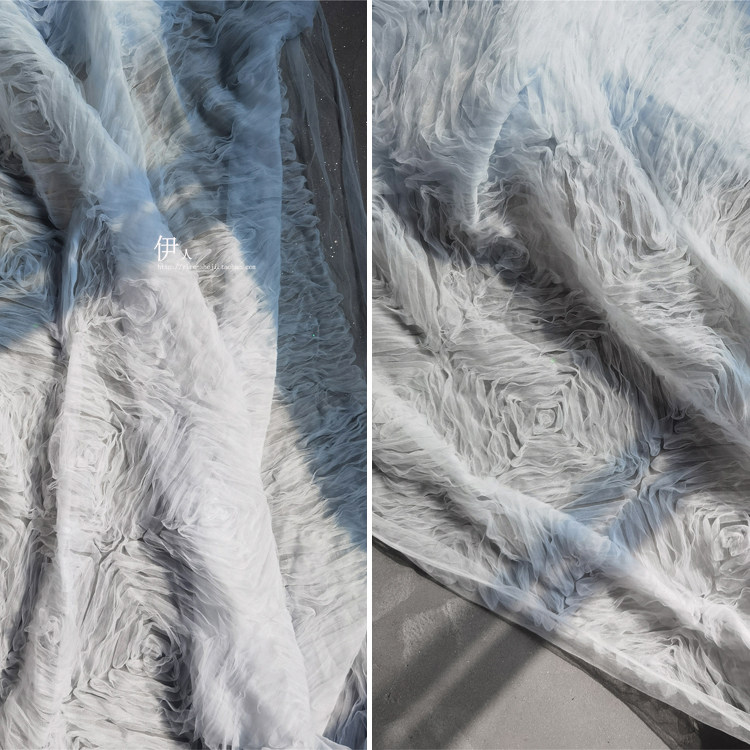 设计师面料微微蓝叠化绣花布料 头纱婚纱礼服拍摄道具背景面料