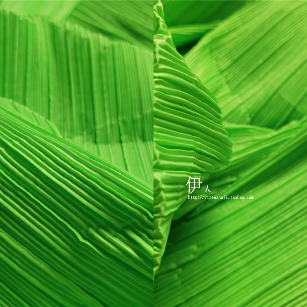 翠绿色时装肌理量 压褶化纤硬挺造型艺术三宅一生仿布料拉直棉麻