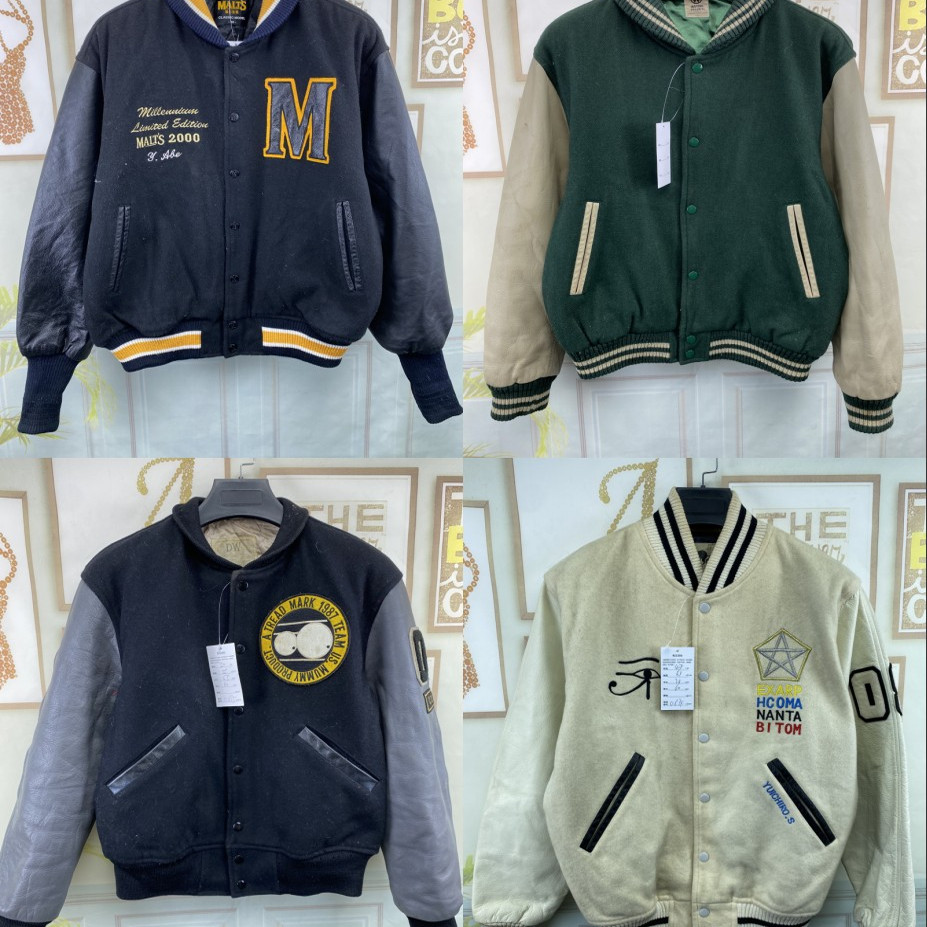 古着vintage 复古原宿街头工装宽松范夹克刺绣外套棒球服皮袖D66