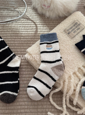 3双装冬季儿童刺绣条纹运动风中筒袜男童女童保暖羊毛袜子潮童袜