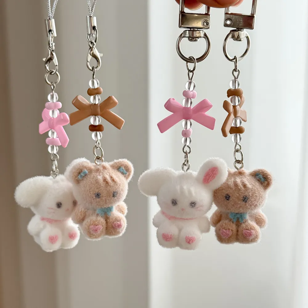 可爱植绒立体树脂手机挂件包包相机挂饰小兔小熊钥匙扣百搭简约