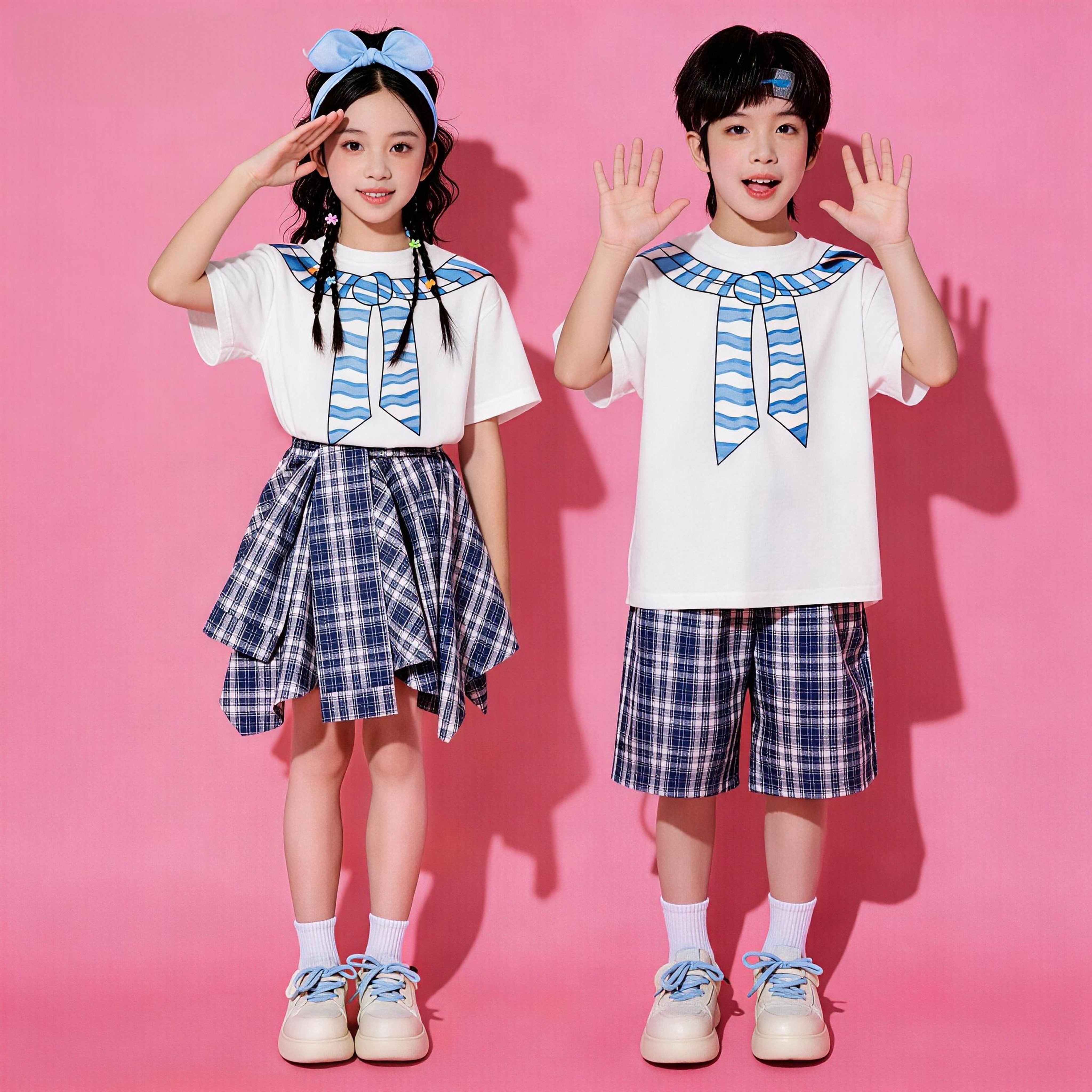 六一儿童啦啦队表演服短袖格子裙套装小学生运动会开幕式朗诵班服