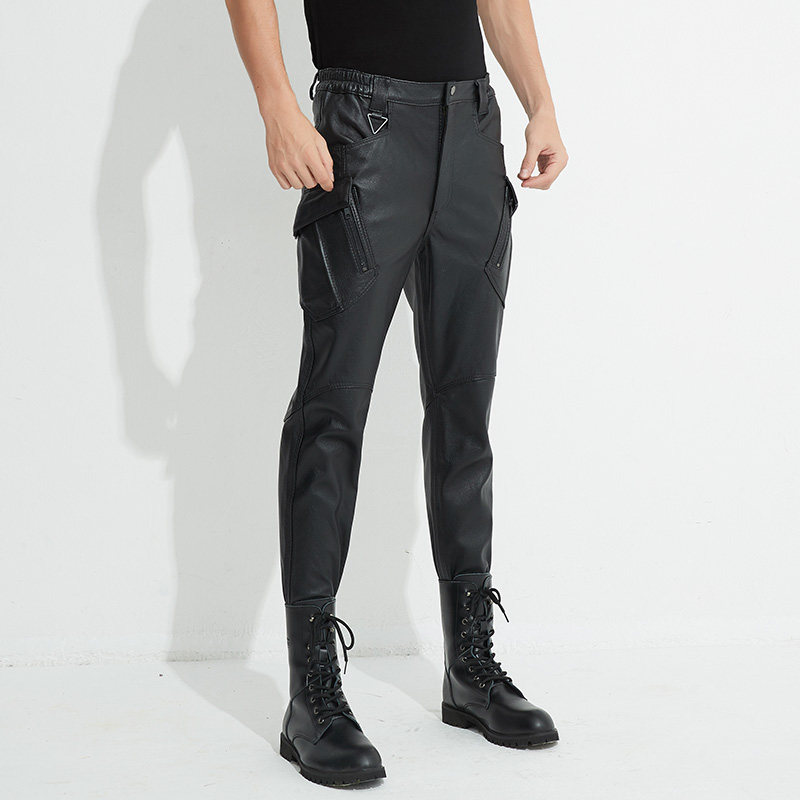 HAINING  가죽 바지 남성용 염소 가죽 탄성 허리 오버올 멀티 포켓 캐주얼 오토바이 바지 충전 바지 트렌디 브랜드