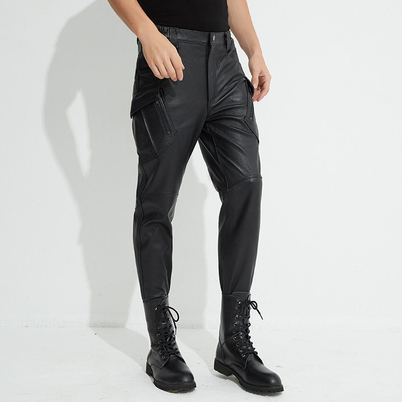 HAINING  가죽 바지 남성용 염소 가죽 탄성 허리 오버올 멀티 포켓 캐주얼 오토바이 바지 충전 바지 트렌디 브랜드