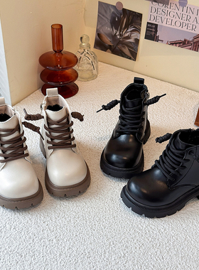 ABC defier儿童马丁靴2025秋冬加绒女童黑色皮靴子男童英伦风短靴