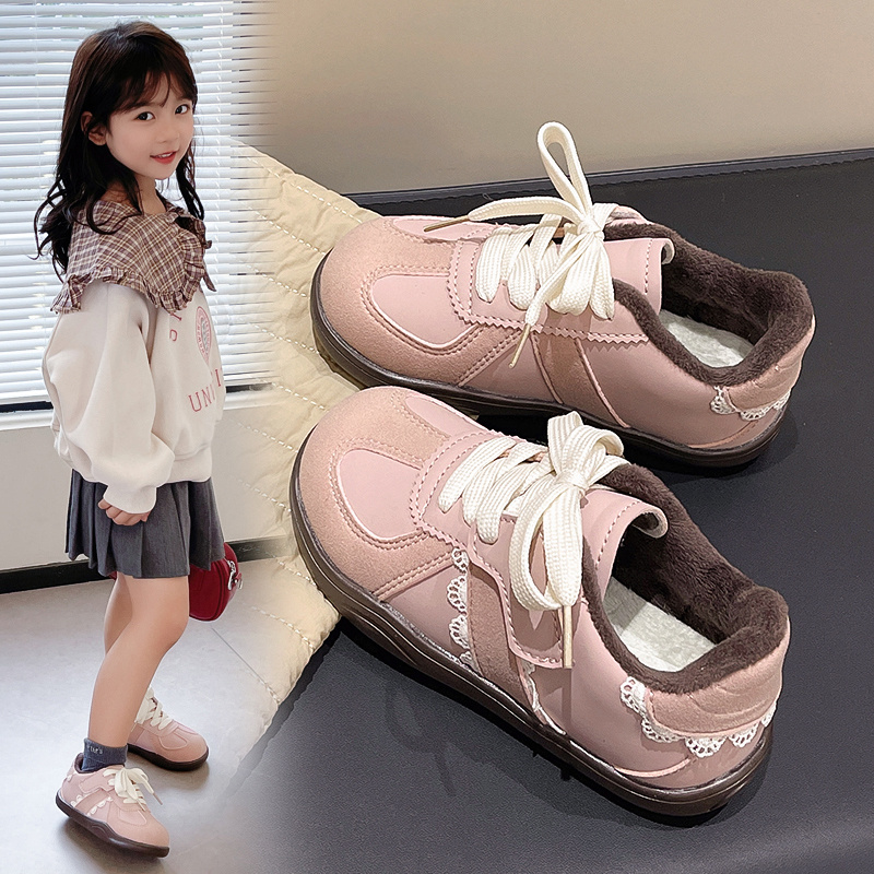 ABC defier女童加绒德训鞋2025秋冬小女孩花边低帮板鞋二棉运动鞋