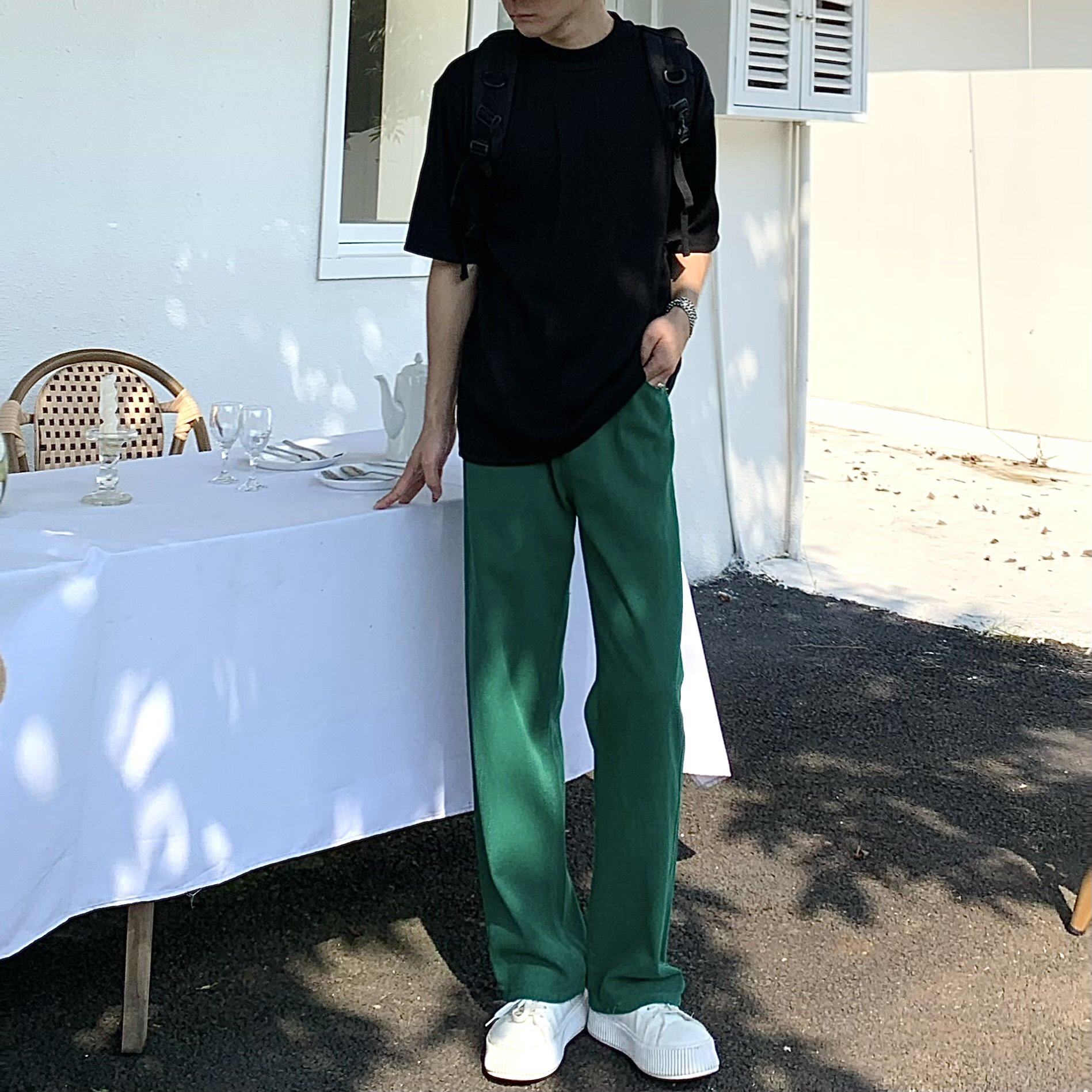 beancurd 绿色高腰直筒牛仔裤复古港风修身显瘦百搭阔腿裤 男女