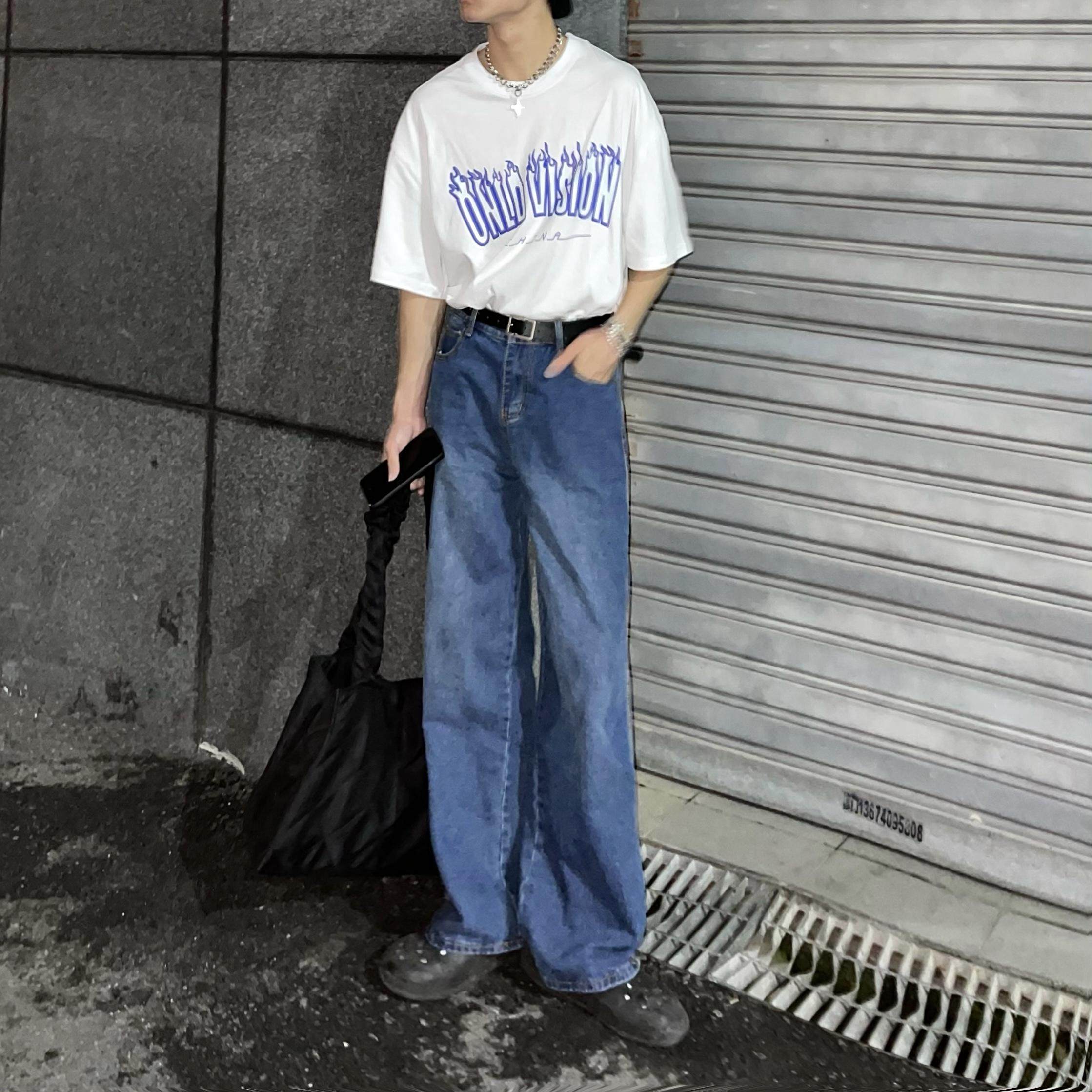 beancurd 复古蓝色老爹直筒拖地牛仔裤港风显瘦宽松阔脚裤 男女