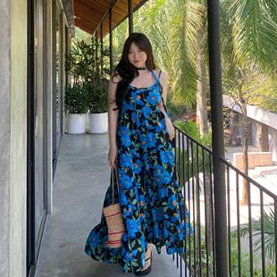 裙子 DEMA小德玛慵懒海边度假风蓝色碎花吊带连衣裙女显瘦气质大码