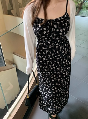 DEMA小德玛法式碎花吊带黑色连衣裙女夏季度假显瘦中长裙印花大码