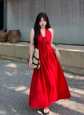 DEMA小德玛 亚麻棉海边度假挂脖绑带连衣裙春夏露背收腰显瘦长裙