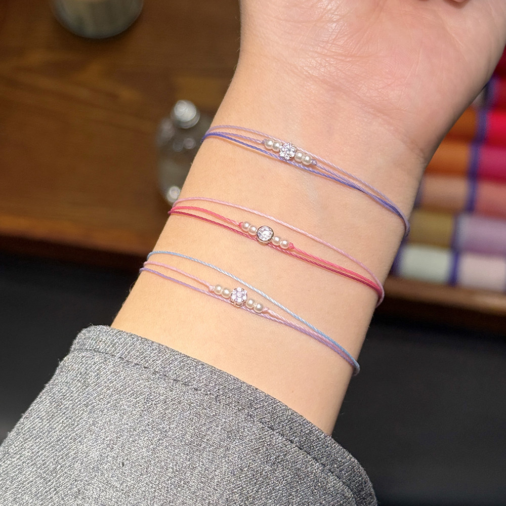 S925银极细绿松石手链高级感珍珠7钻小花百搭ins简约小众叠戴手绳