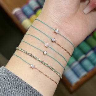 法国巴黎小红绳米色圆钻奶茶色全绳手链本命年蓝绿色情侣925银