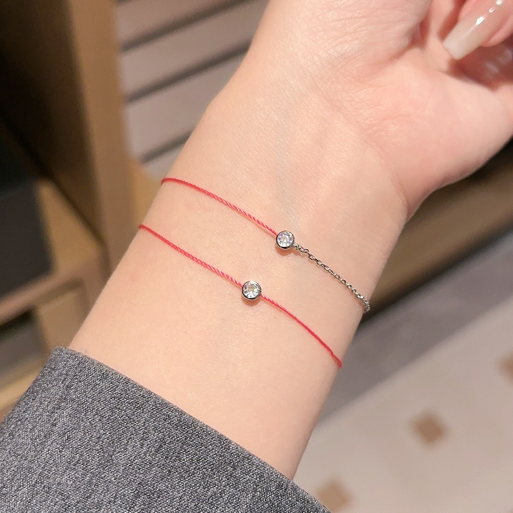 法国巴黎简约圆钻糖果色红绳手链转运本命年情侣手绳diy彩绳925银