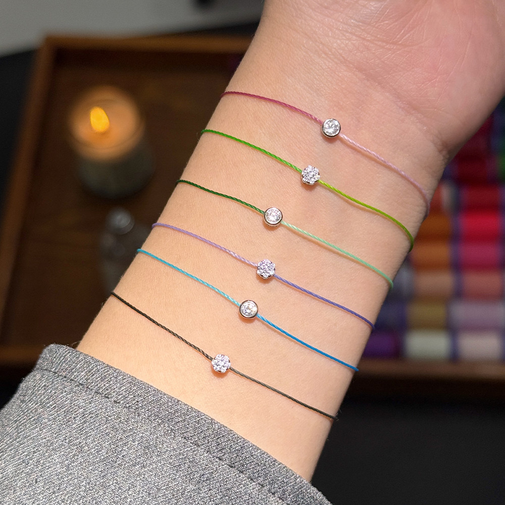 S925银极细双色拼接手链松石高级感百搭简约小众叠戴7钻小花手绳