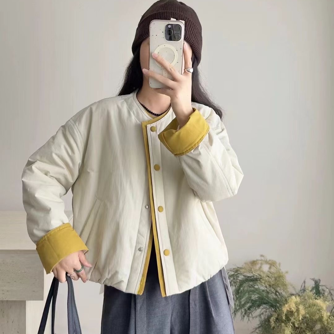 韩版撞色拼接单排扣圆领棉衣外套女2025秋冬新款洋气减龄轻薄棉服