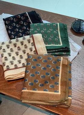 复古黑色玫瑰棉麻丝巾小方巾女新款春夏季叠穿流行领巾纱巾围巾