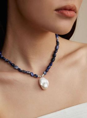 异形青金石碎石巴洛克项链女欧美ins小众设计感短款锁骨女