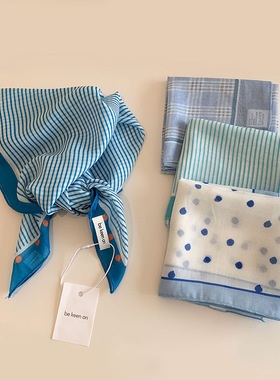 蓝色包头巾女春夏新款感发带透气文艺小方巾百搭头巾三角巾潮