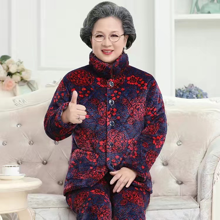 冬季奶奶加绒加厚珊瑚绒夹棉衣女